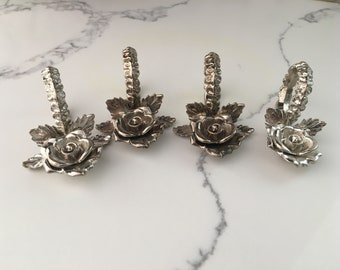 Vintage Silver Plated Rose Design Napkin Rings Place Card Holder Set of 4 Table Jewelry