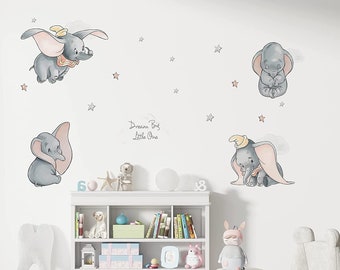 Adesivo da parete rimovibile per cameretta dei bambini Dumbo - Adesivo con elefanti, nuvole e stelle per la decorazione della camera dei bambini - Adesivo da parete per cameretta dei bambini