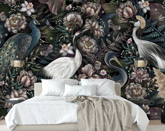 Peacocks and Flowers Wallpaper , Exotic Birds Leaves Mural - Floral Botanical Peel and Stick Wallpaper -Chinoiserie Bedroom Wallpaper Floral