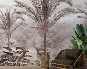 Sepia Tones Trees Leaves Tropical Wallpaper , Removable Temporary Exotic Mural , Living Room Decor Vintage Wallpaper