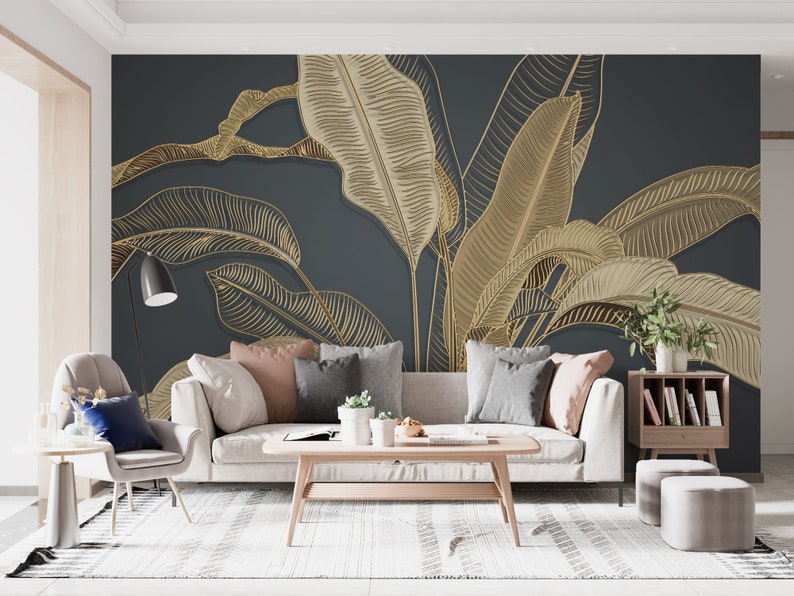 Gold Leaf Wallpaper Peel and Stick Golden Effect Wall Mural Etsy