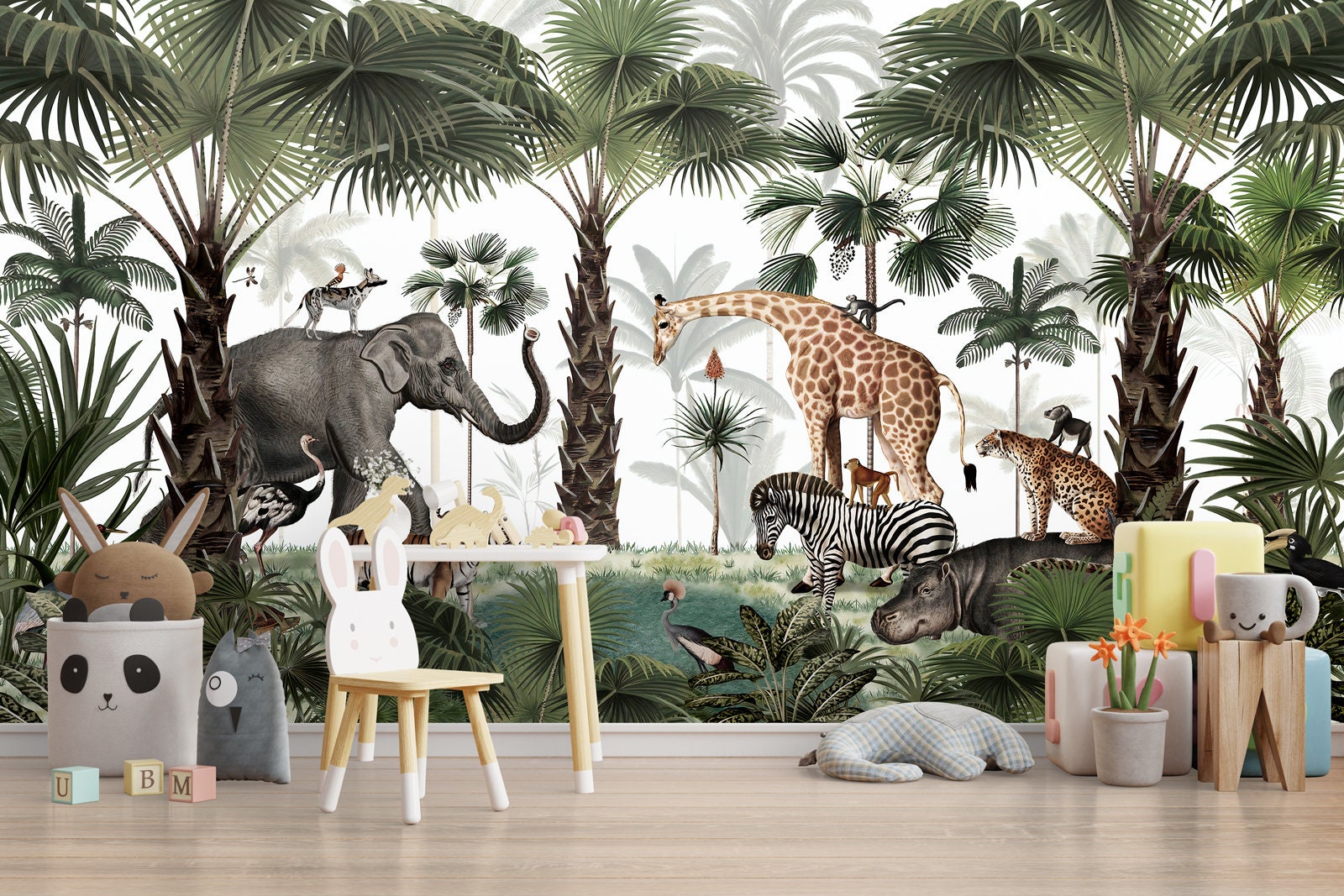 Wild Jungle Animals Kids Wallpaper Elephant Giraffe Zebra - Etsy Wild Jungle Animals Kids Wallpaper Elephant Giraffe Zebra - Etsy