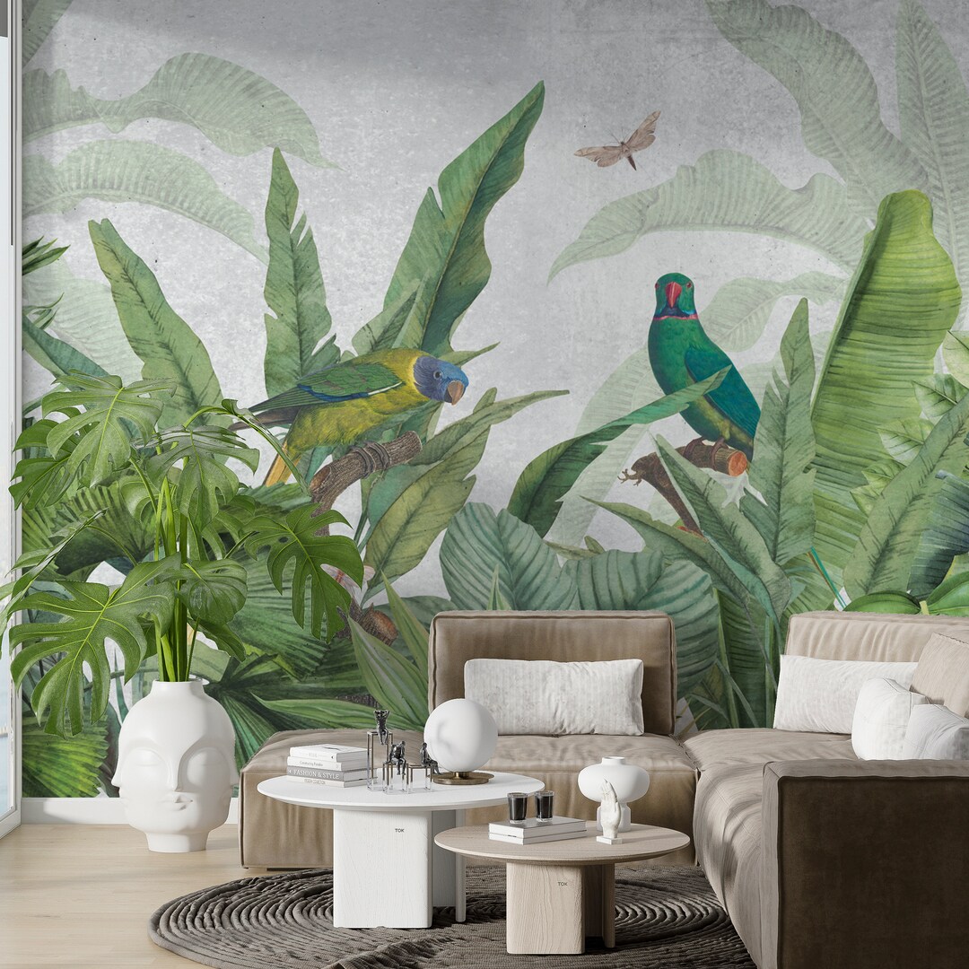 Tropical Jungle Parrot Palms Wallpaper , Removable Jungle Themed Scenic