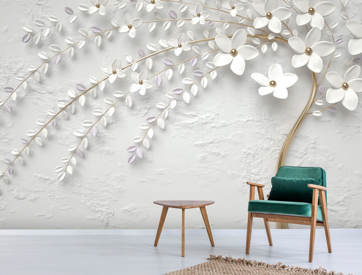 3d Golden tree and white flowers wallpaper  Living room wallpaper for –  Home Decoram