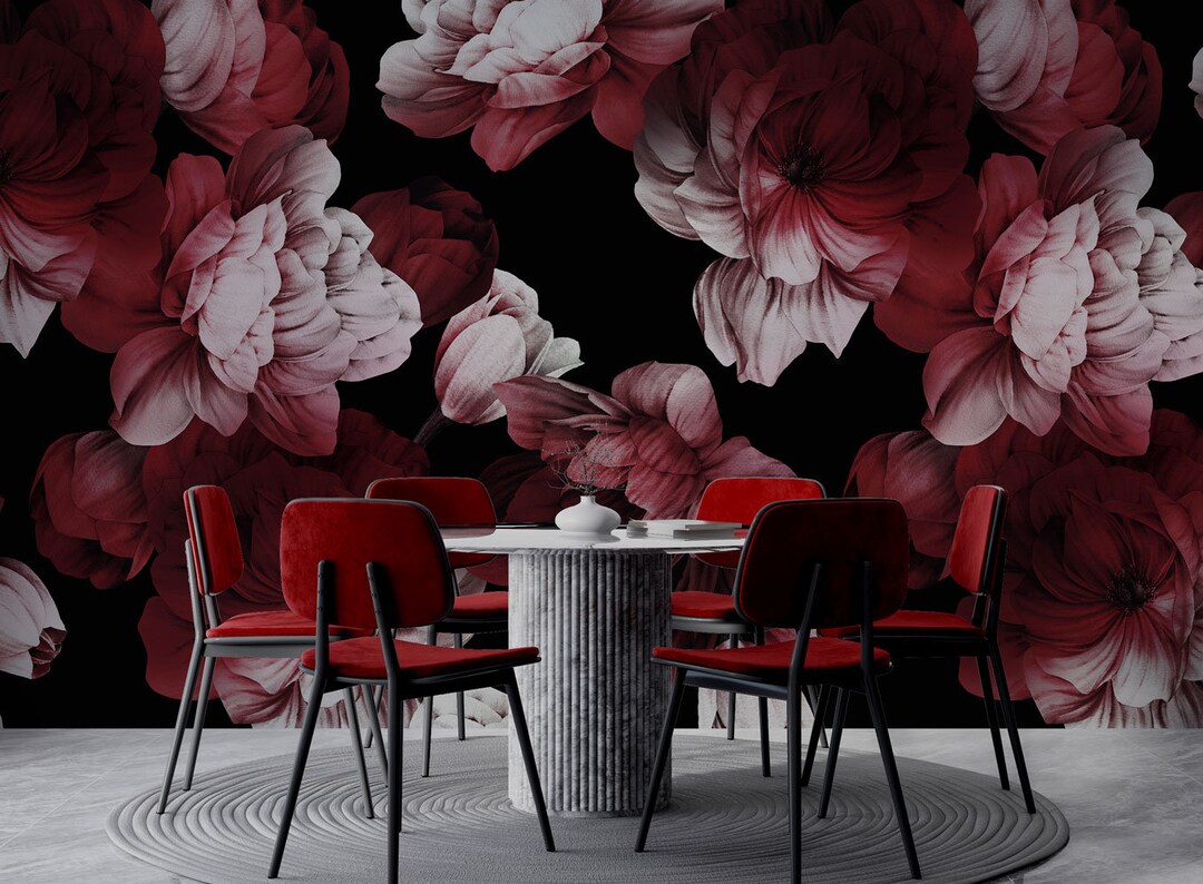 Dark Floral Peel and Stick Wallpaper, Red and Black Floral Wallpaper