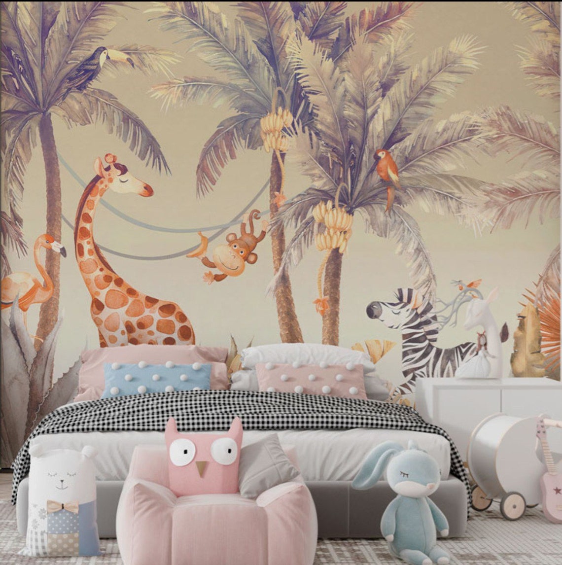 Peel and Stick Safari Wallpaper for Kids Giraffe Zebra Monkey | Etsy
