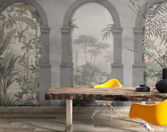 Tropical Arches View of Rome Wall Mural Wallpaper, Peel and Stick Ancient Rome Wallpaper,Home Decor, Floral Wallpaper