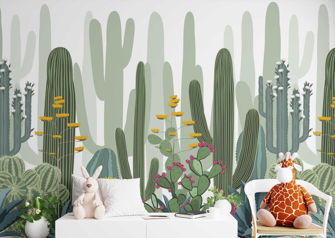 Peel and Stick Cactus Botanical Wallpaper , Flowers and Cacti Mural for