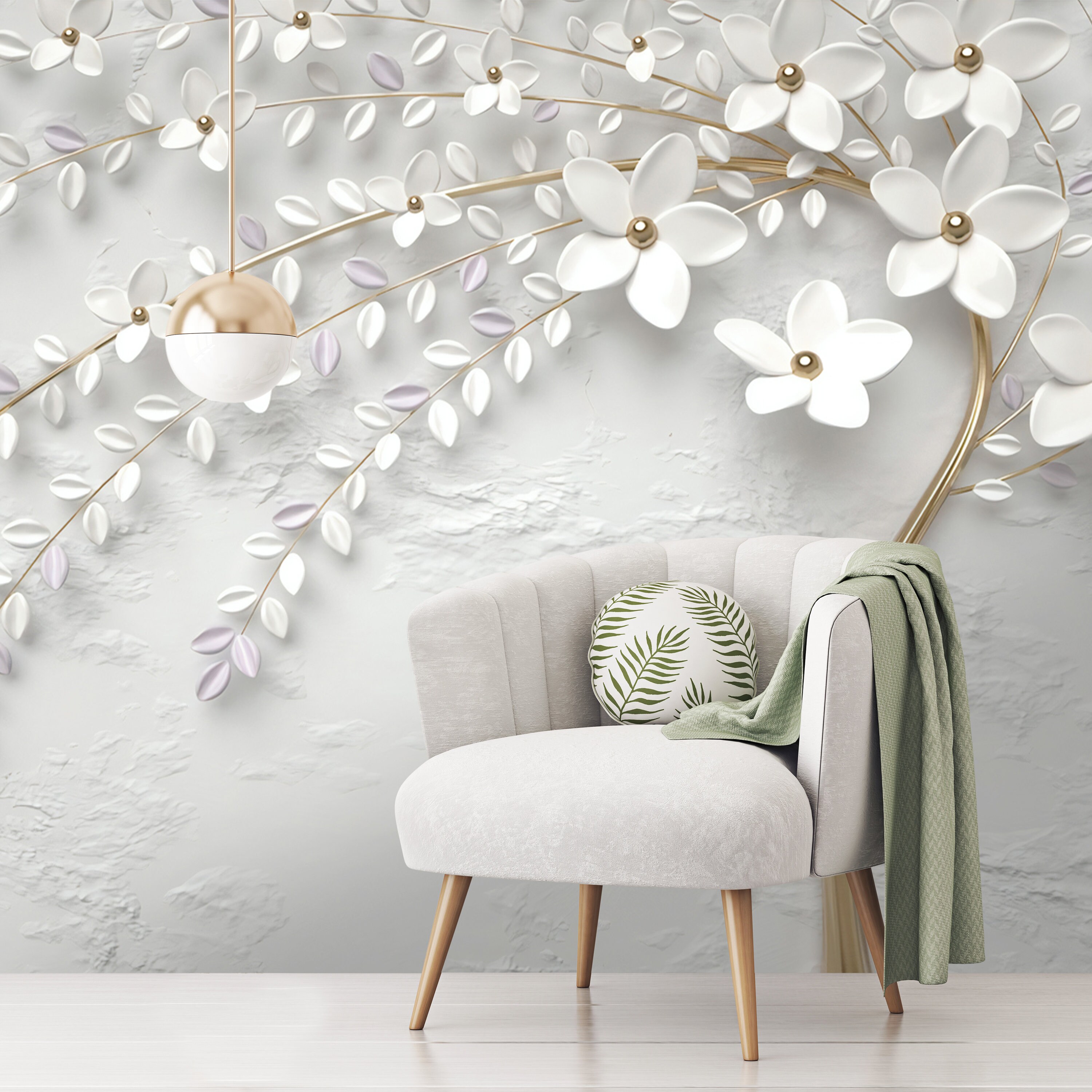 3d Golden tree and white flowers wallpaper  Living room wallpaper for –  Home Decoram