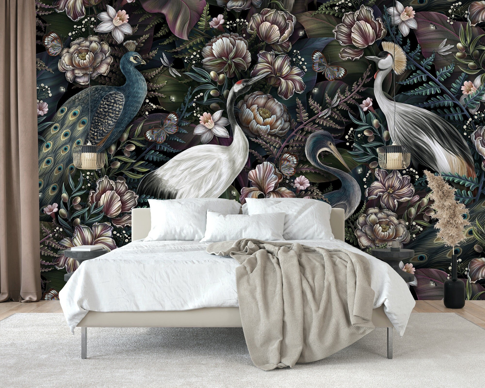 pfauen und blumen wallpaper, exotische vögel blätter wandbild
