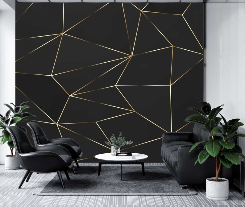 Black and Gold Wallpaper for Livingroom Golden Details Dark Etsy