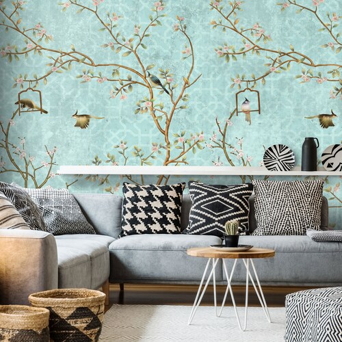 Green Chinoiserie Wallpaper Birds and Flowers Wall Mural Etsy