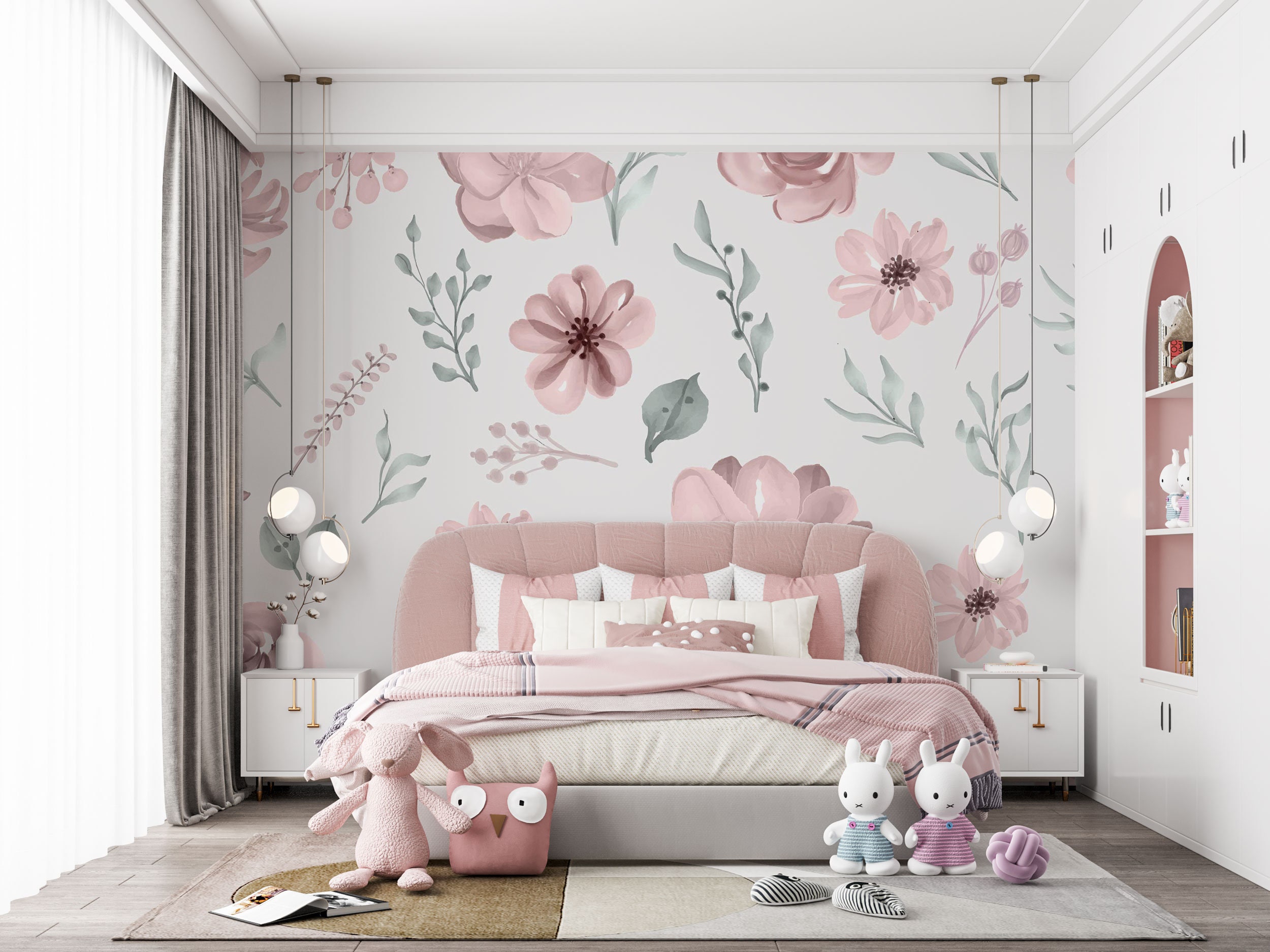 Rosa Pastell Blumen Vintage Tapete, Kinderzimmer Blumen rosa Tapete,  Baby-Raum-Dekor-Wandbild, schälen und kleben Kinderzimmer rosa Wandbild