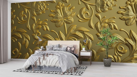 Home & Living 3D Golden Flowers Floral Wall Mural Wall Decor Four Giant ...