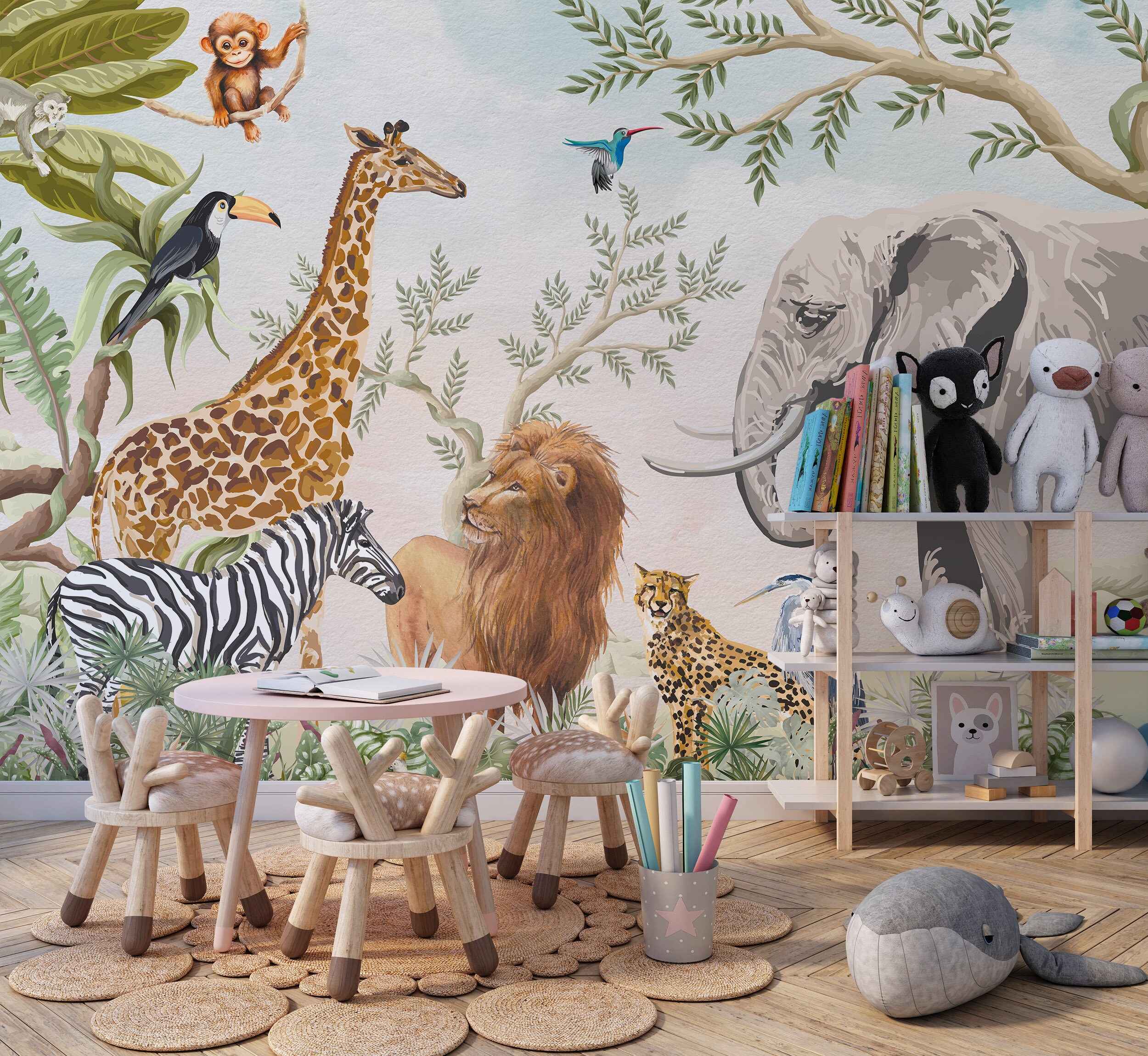 Papel pintado infantil elefantes, tigres y jirafas en la vegetación -  Little Zoo 126628