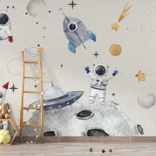 Peel and Stick Space Themed Kids Wallpaper Planets Astronaut - Etsy Peel and Stick Space Themed Kids Wallpaper Planets Astronaut - Etsy