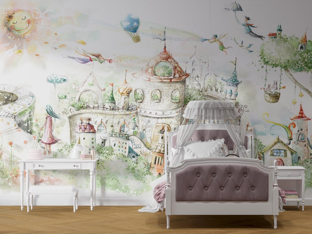 Watercolor Effect Kids Wallpaper Castle Kids Wall Mural - Etsy