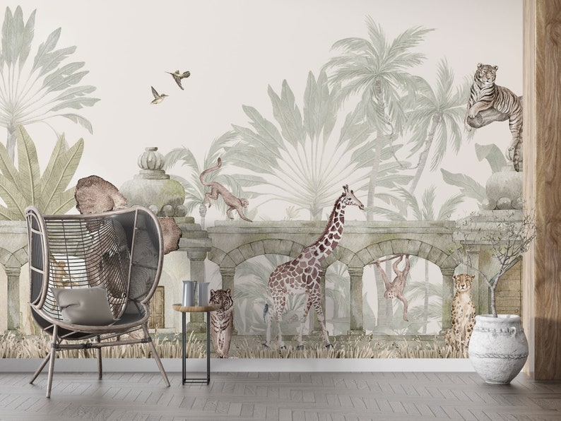 Peel and Stick SAFARI Animals Wallpaper Elephant Girafe - Etsy