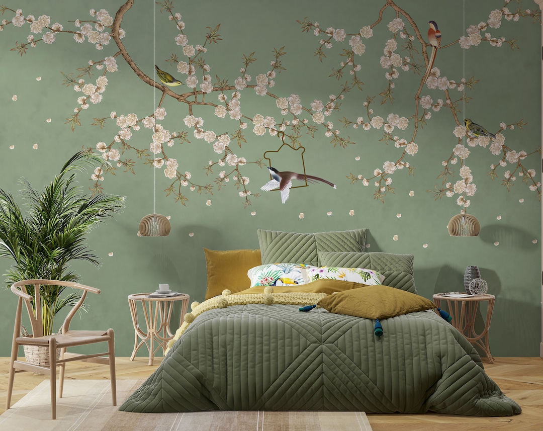 Green Chinoiserie Wallpaper , Birds and Flowers Wall Mural , Green