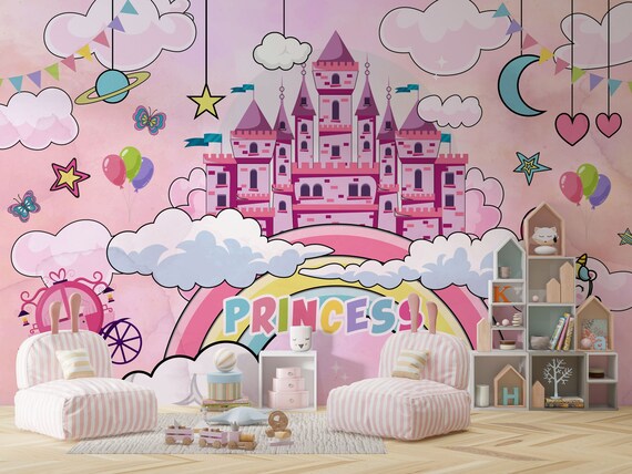 Princess Castle Wallpaper for Girls Room Pink Castle Clouds - Etsy Princess Castle Wallpaper for Girls Room Pink Castle Clouds - Etsy