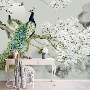 Peacocks and White Flowers Asian Style Wallpaper Japanese Art Blossom and  Peacock Wall Mural Home Decor Wall Art 
