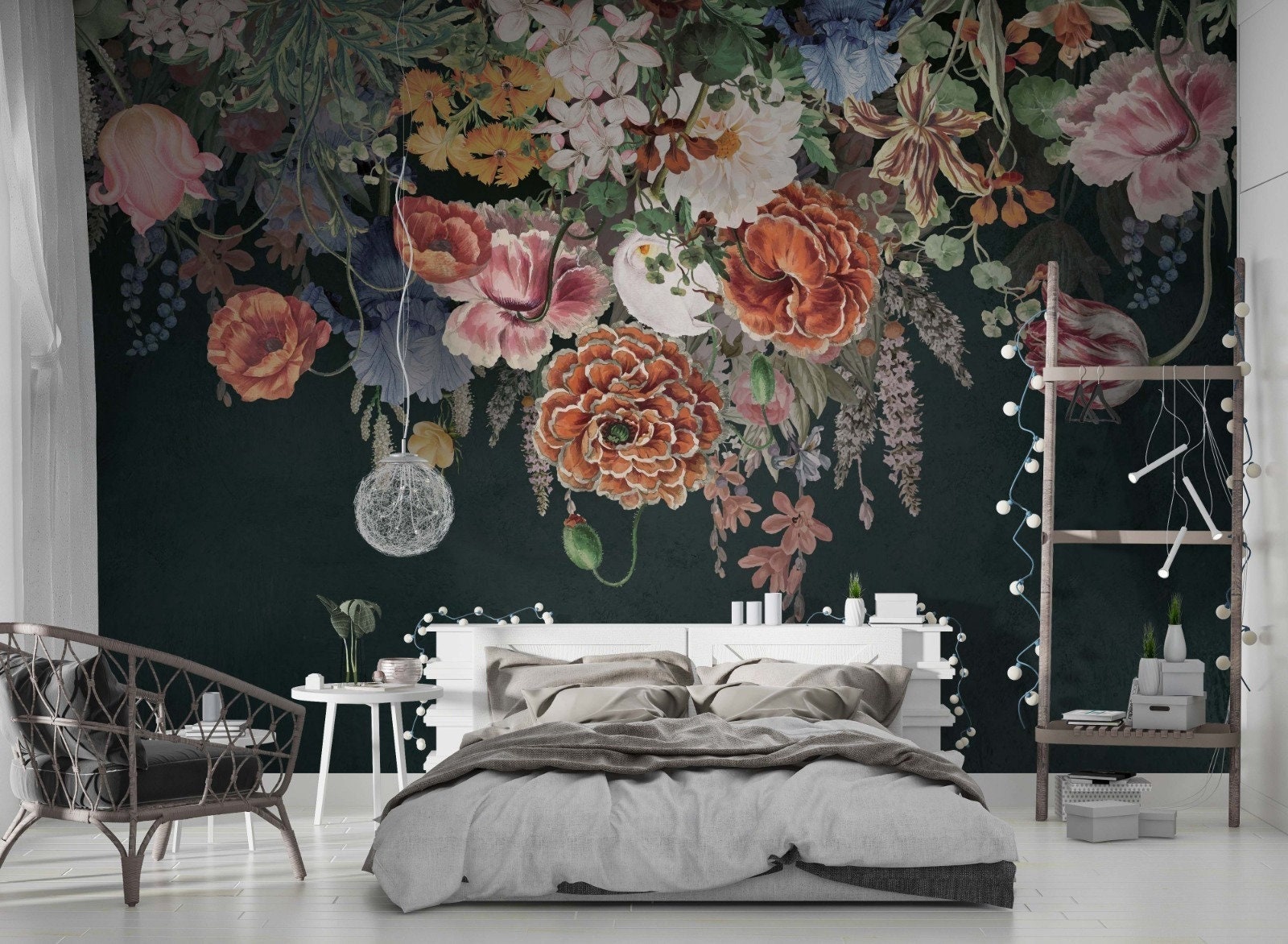 Dark Big Flowers Wallpaper Removable Peel And Stick Floral Etsy 日本