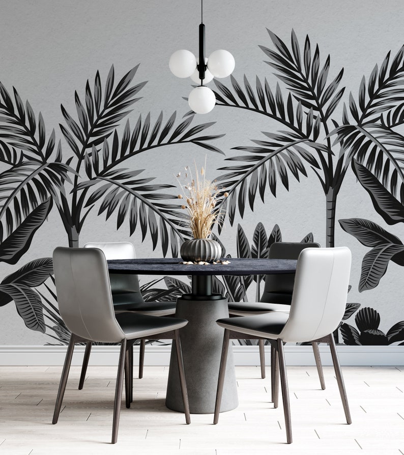 Black and White Tropical Tree Wallpaper Living Room Wall Etsy
