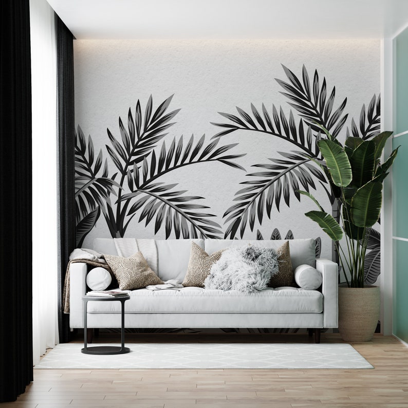 Black and White Tropical Tree Wallpaper Living Room Wall Etsy