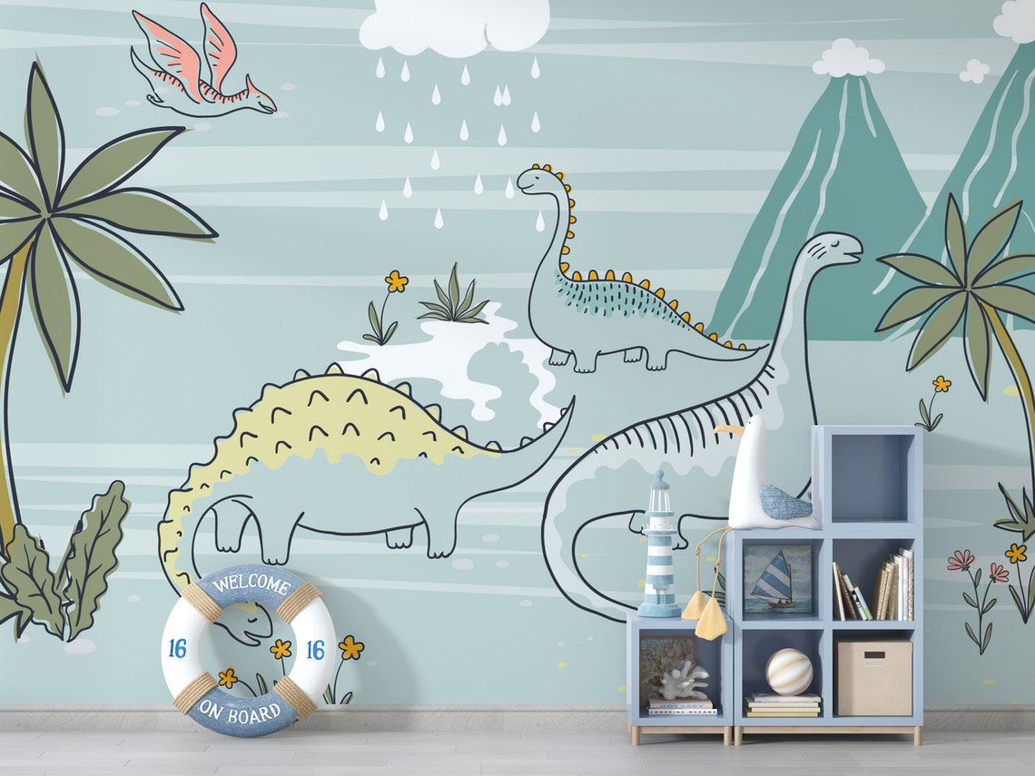 Dinosaur Wallpaper Kids Wallpaper Peel and Stick Jurrasic Wall | Etsy