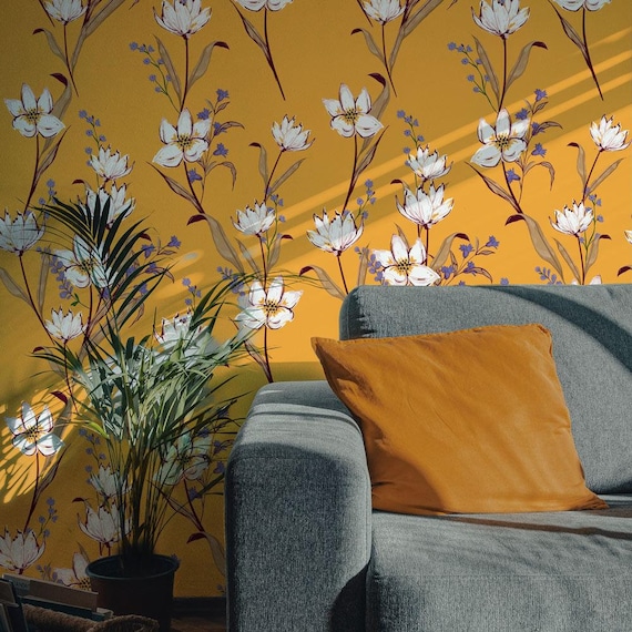 Yellow Floral Wallpaper Peel and Stick Minimalist Flower - Etsy