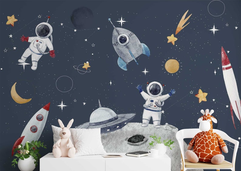 Peel and Stick Space Themed Kids Wallpaper Planets Astronaut - Etsy