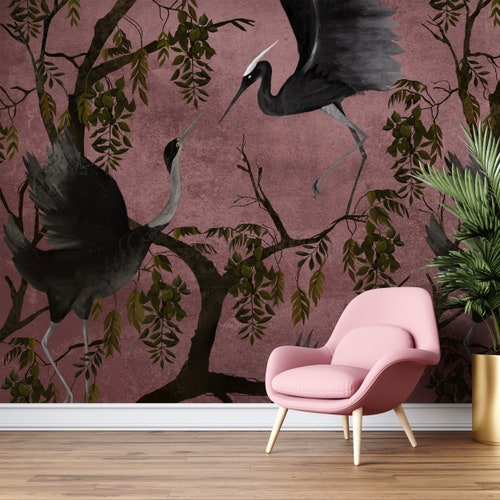Pink Chinoiserie Wallpaper Crane Bird Wall Mural Asian - Etsy Pink Chinoiserie Wallpaper Crane Bird Wall Mural Asian - Etsy