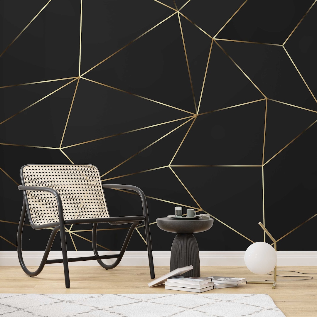 Black and Gold Wallpaper for Livingroom Golden Details Dark Etsy