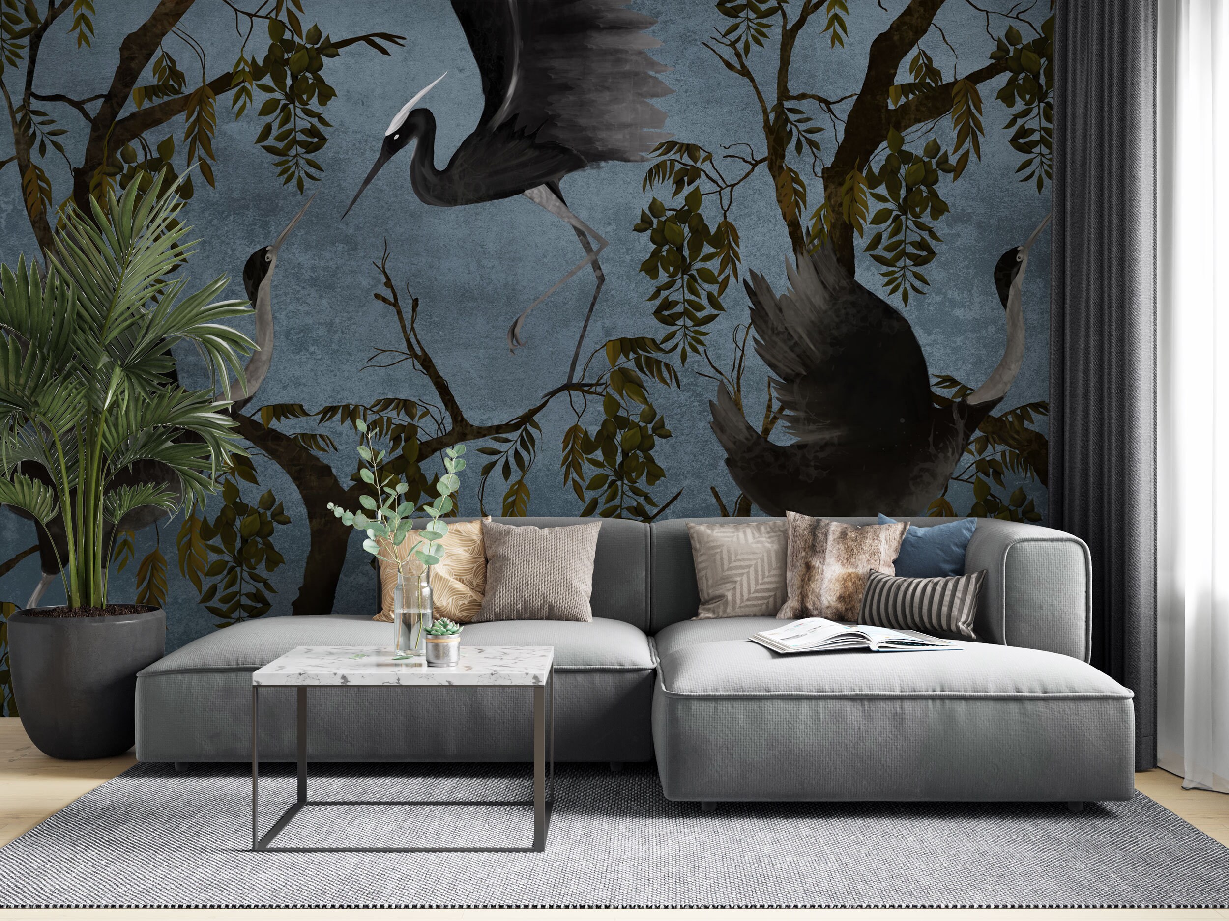Crane Bird Wallpaper Big Birds Wallpaper Blue Chinoiserie - Etsy Crane Bird Wallpaper Big Birds Wallpaper Blue Chinoiserie - Etsy