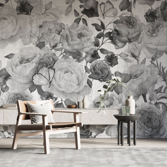 Buy Peony Wallpaper With Black and White Watercolor Flowers Wall Online in  India  Etsy