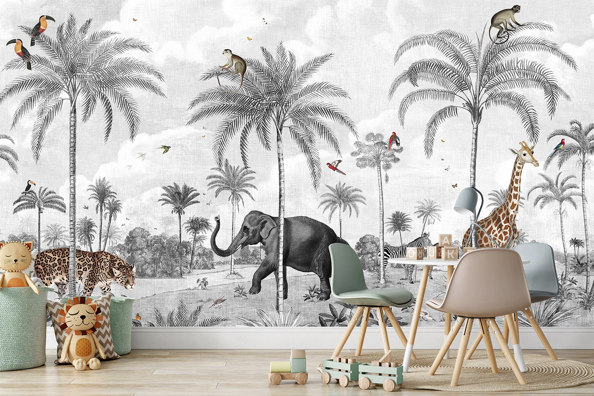 safari-behang-giraffe-olifant-peel-en-stick-tropische-kunst-etsy