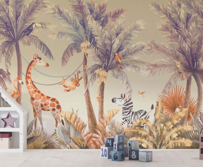 Peel and Stick Safari Wallpaper for Kids Giraffe Zebra Monkey Etsy