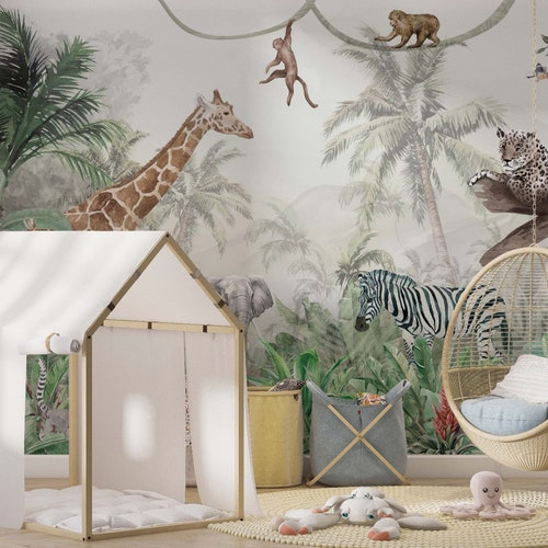 Safari Animals Peel and Stick Wallpaper Jungle Wall Paper Etsy