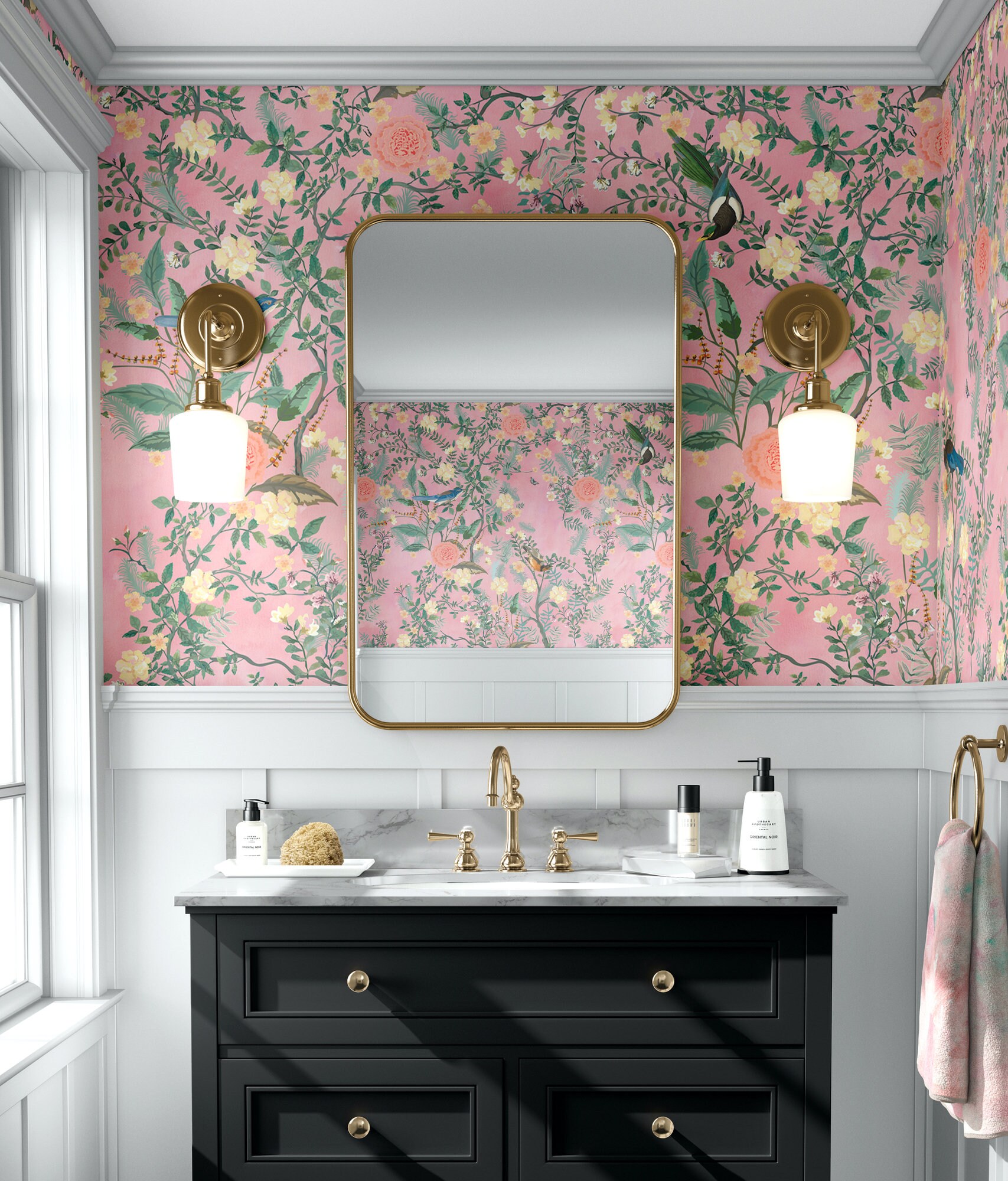 Garden Pink Floral Wallpaper Bird Flowers Peel Stick Etsy Singapore