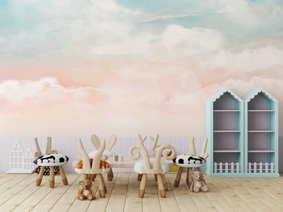 Pastel Colors Clouds Wallpaper Peel and Stick Pastel Nursery Wallpaper ...