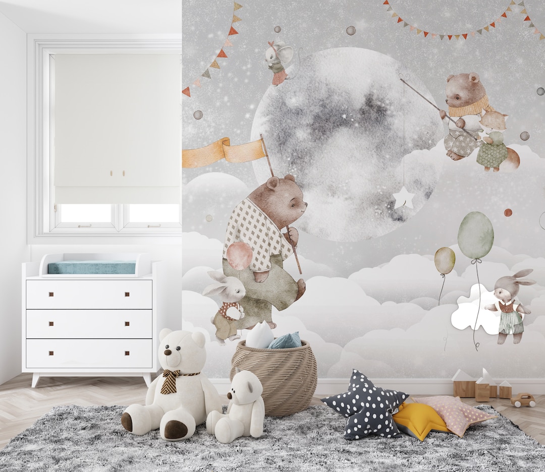 Sweet Animals Themed Wallpaper for Baby Room Moon and Animals Design