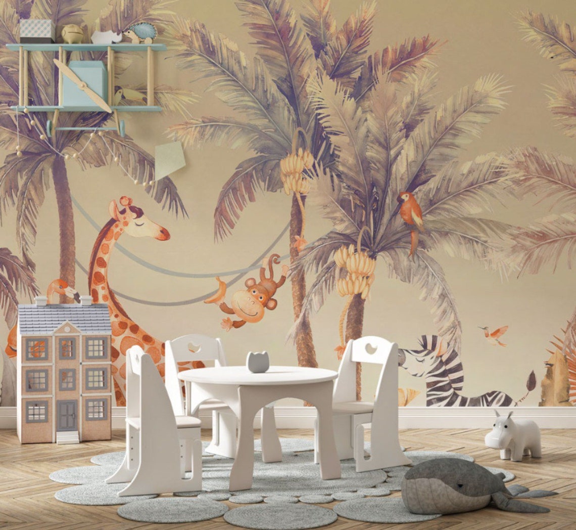 Peel and Stick Safari Wallpaper for Kids Giraffe Zebra Monkey - Etsy