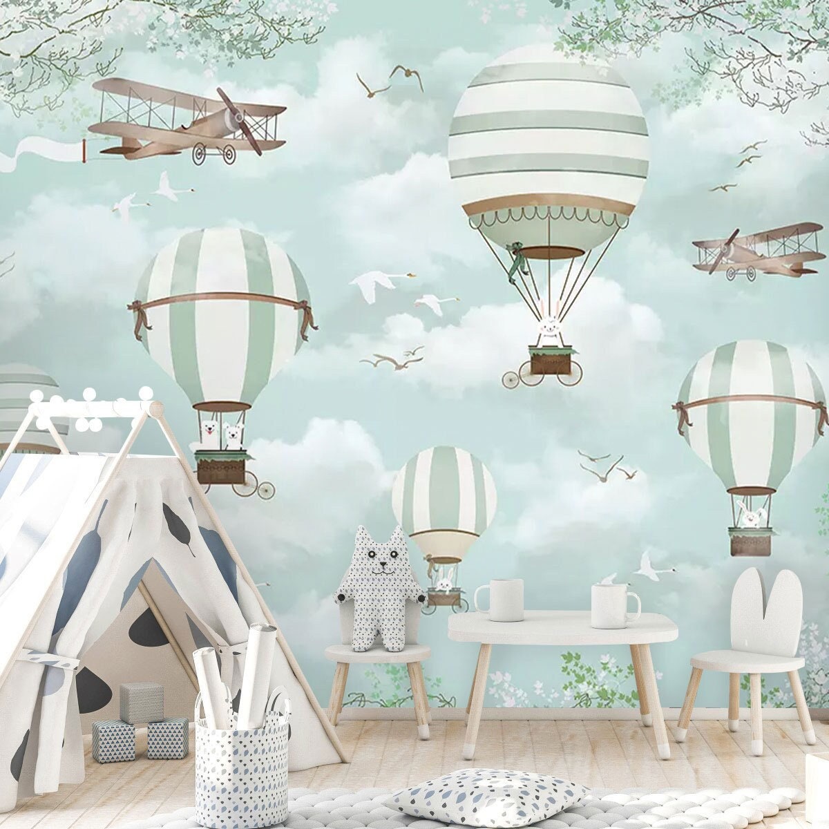 Heißluftballons und Blüten Wallpaper für Kinderzimmer, blauer Himmel und  Ballons Wandbild für Kinderzimmer Wanddekor