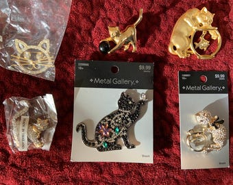 Glamorous Cat Brooches - Gold-Tone & Rhinestone Accents