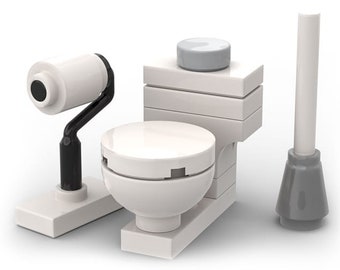 Toilet: WC, paper & brush - custom set made of LEGO bricks - funny gift for a man, friend, husband, boyfriend, plumber, handyman or LEGO fan