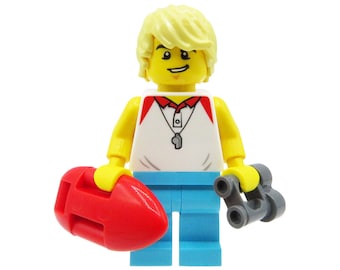 Custom minifigure - Lifeguard man with rescue buoy & binoculars - 100% LEGO parts (bright hair, smile, t-shirt with whistle, blue legs)