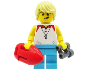 Custom minifigure - Lifeguard man with rescue buoy & binoculars - 100% LEGO parts (bright hair, smile, t-shirt with whistle, blue legs)