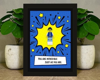 Personalized LEGO® Figure Frame – Custom Minifigure Gift for Him, Her – Birthday or Christmas – Comic Style Background