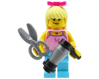 Custom minifigure - Hairdresser woman with dryer & scissors - 100% LEGO parts (bright hair, bow, smile on face, heart necklace, pink top)