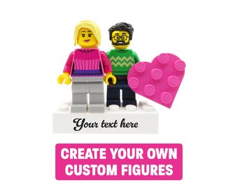 Personalized Couple LEGO® Figures – Custom Minifigures on Base with Name and Heart – Valentine’s Day or Anniversary Gift